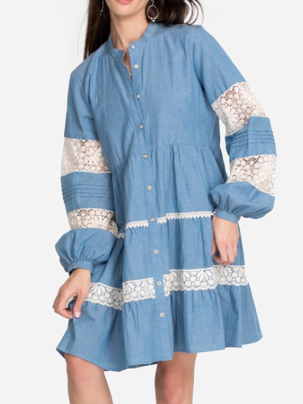 Johnny Was Laguna Pieced Mini Long Sleeve Blue Chambray Crochet Dress Medium